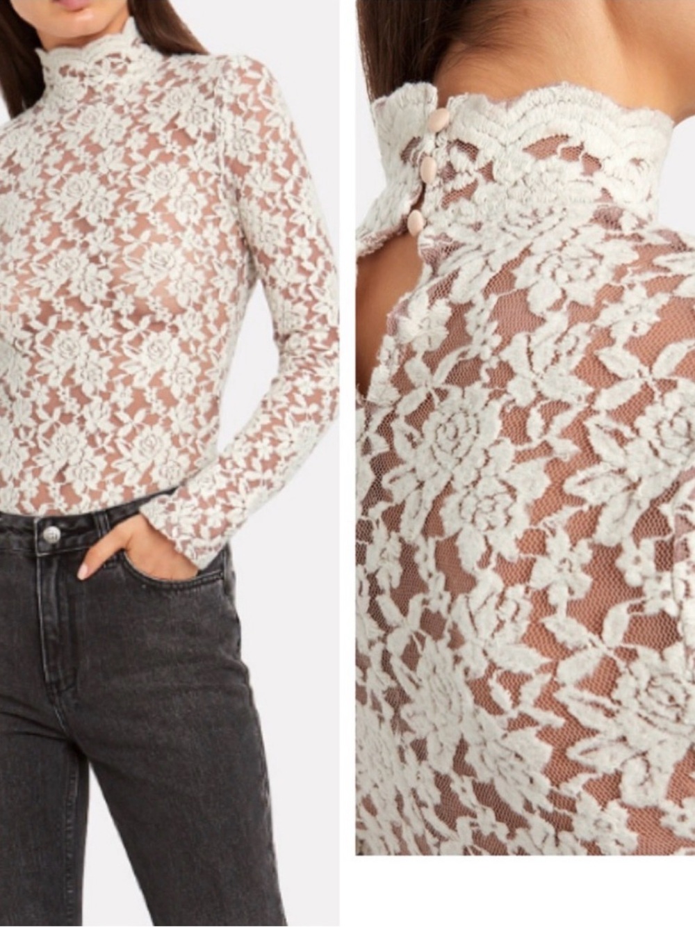 Nightcap Clothing Felted Lace Stretch Mock Neck Top Ivory - XS (3)